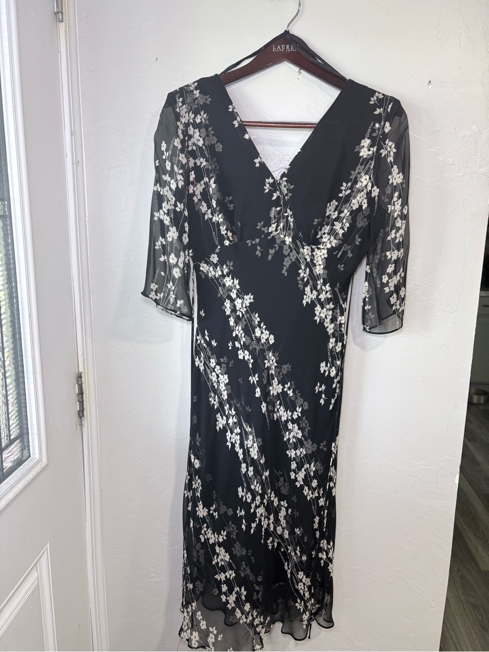 ECI Black Floral V-Neck Midi Dress with White Blossoms